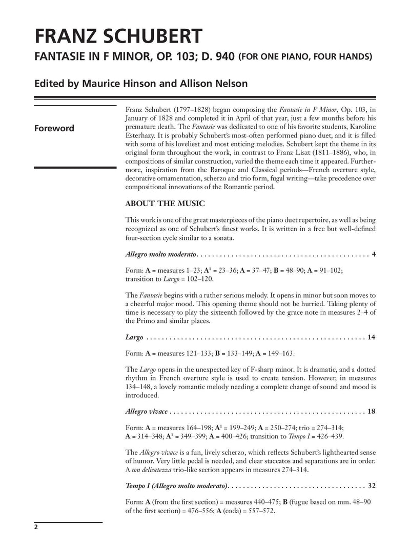 Schubert: Fantasie in F Minor, Opus 103, D. 940 for Piano Duet