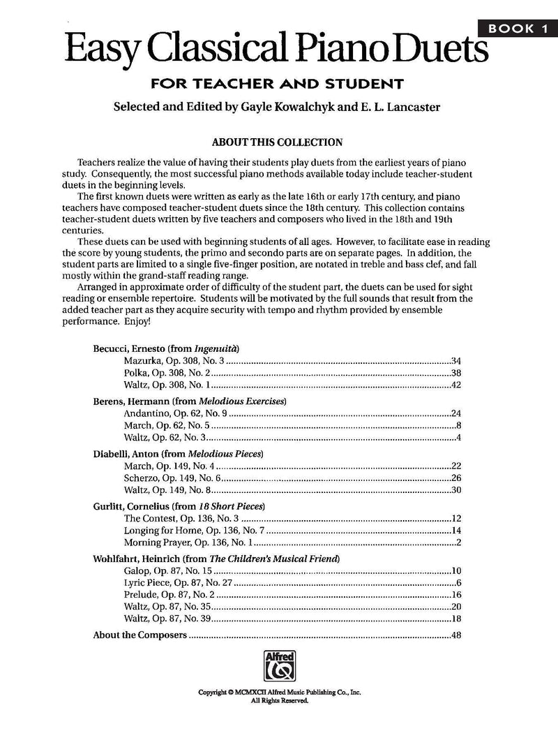 Easy Classical Piano Duets for Teacher and Student, Book 1
