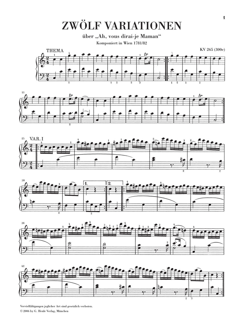 Mozart: 12 Variations on "Ah, vous dirai-je Maman" K. 265 Piano Solo