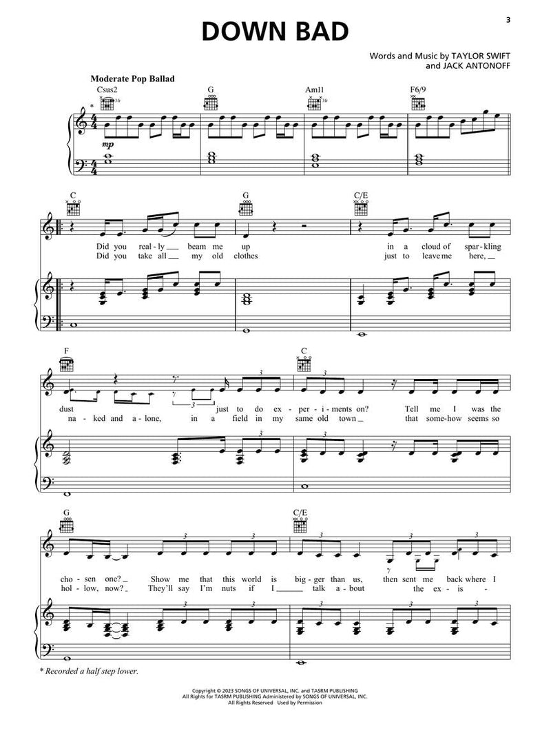 Taylor Swift - The Tortured Poets Department: The Anthology, PVG - Down Bad Sheet Music