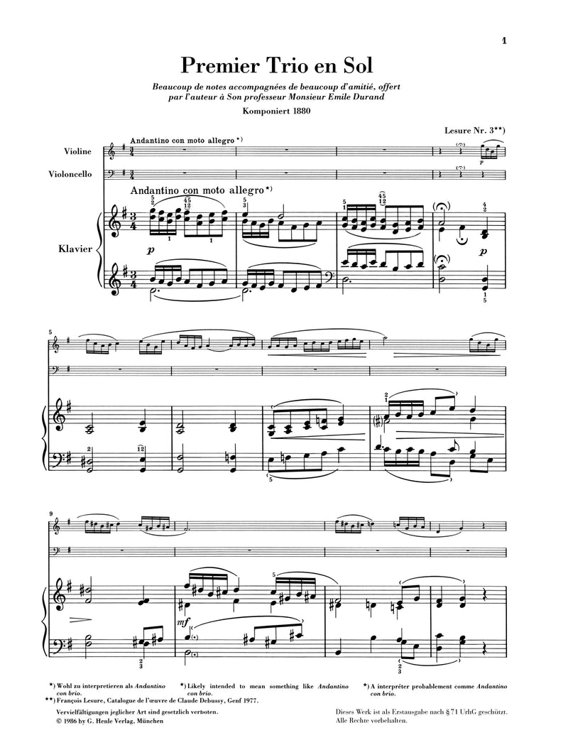 Debussy: Piano Trio in G Major, Score & Parts