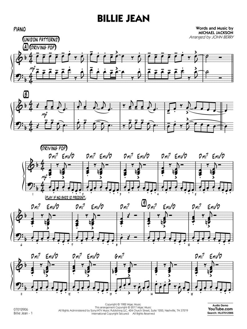 Billie Jean - arr. John Berry (Jazz Ensemble Grade 1.5)