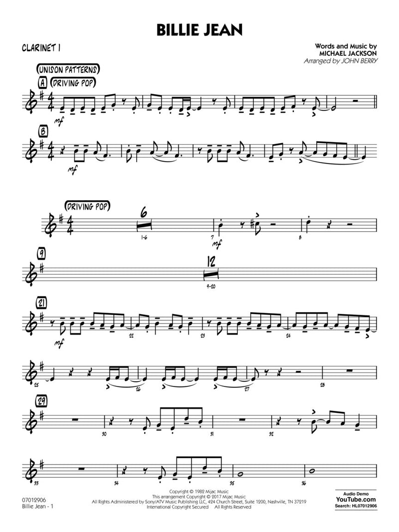 Billie Jean - arr. John Berry (Jazz Ensemble Grade 1.5)