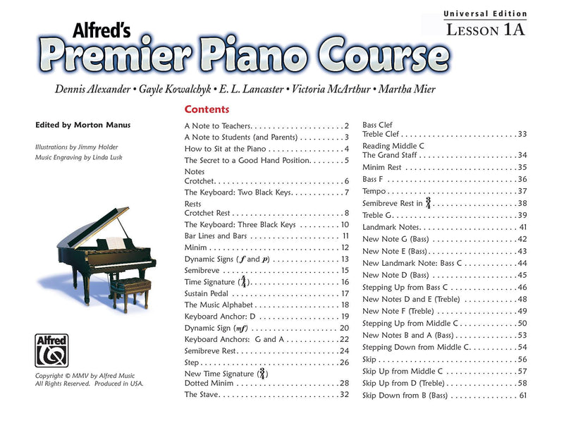 Alfred's Premier Piano Course, Lesson 1A