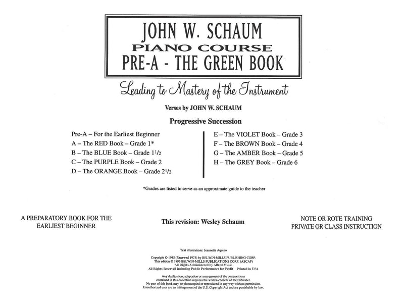 Schaum Piano Course, Pre A - The Green Book