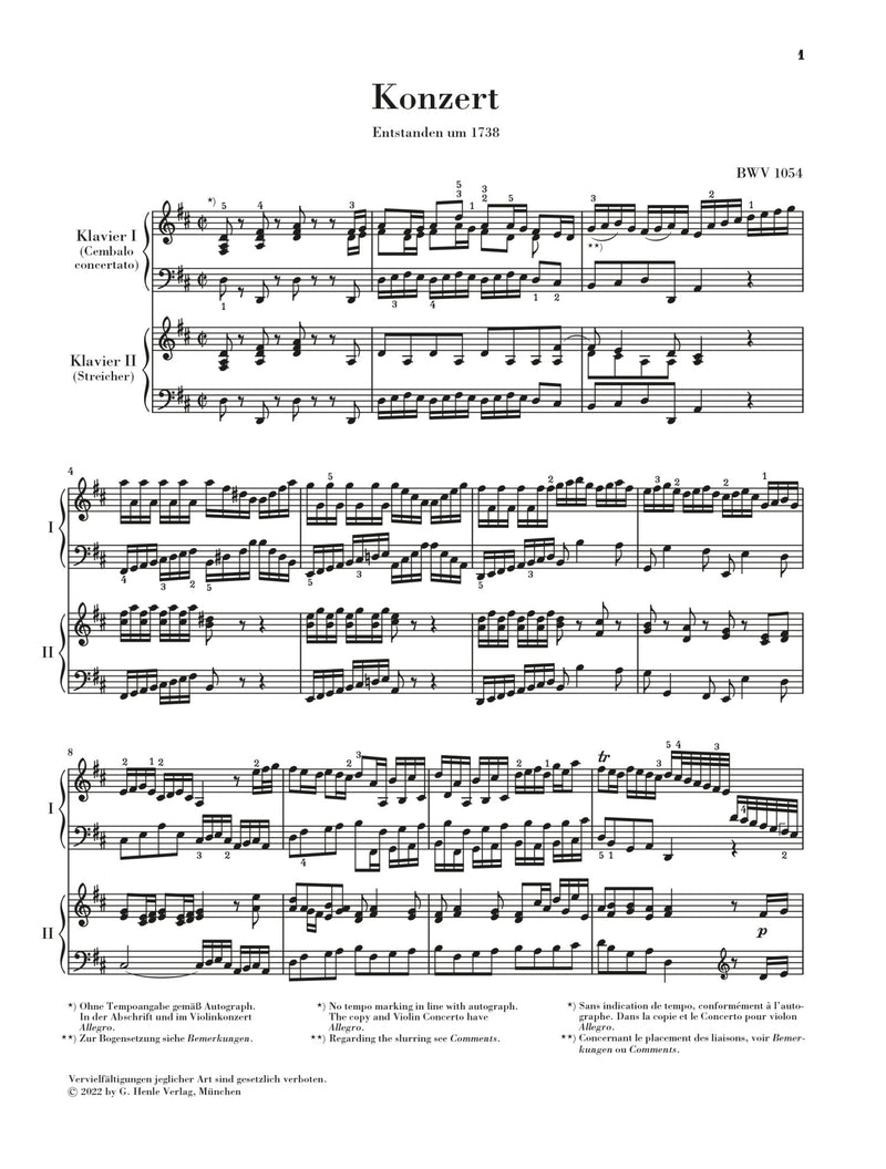 Bach: Harpsichord Concerto no. 3 D major BWV 1054 (Piano Reduction)