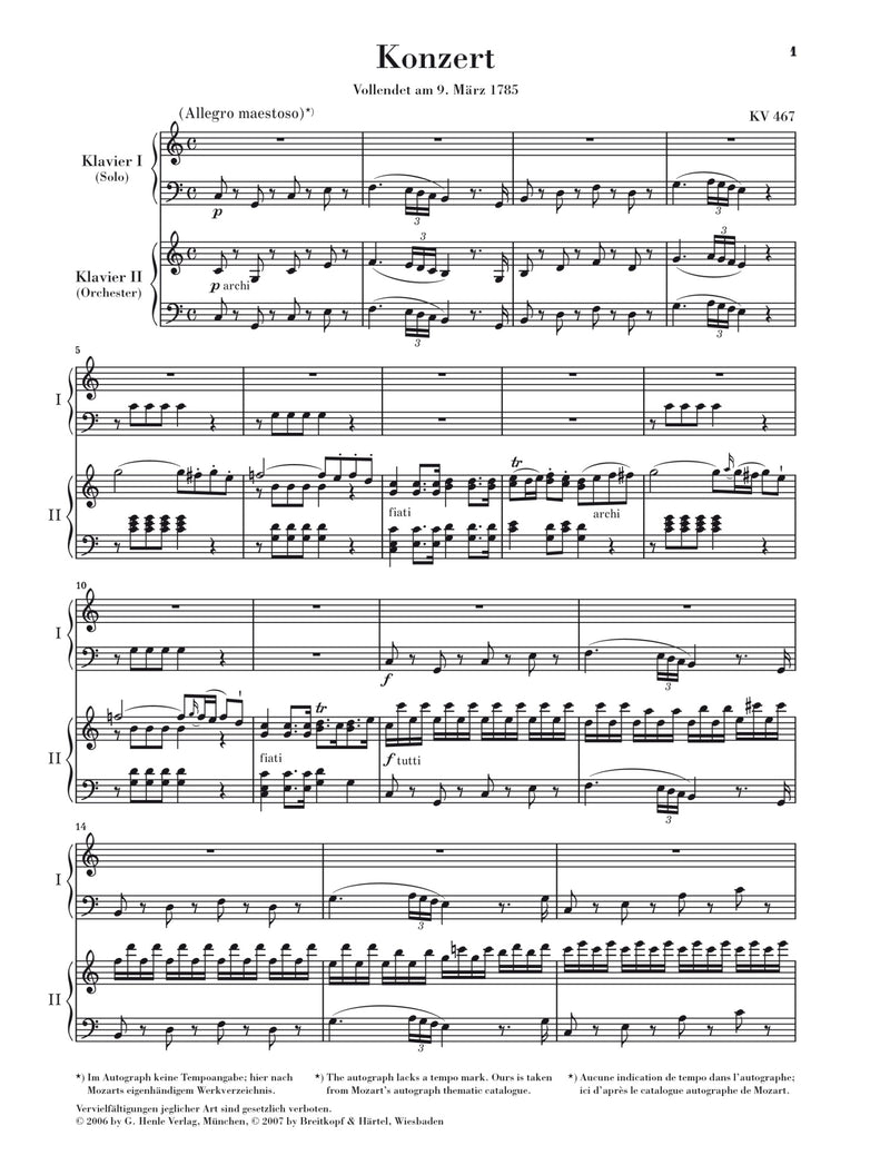 Mozart: Piano Concerto in C Major K 467 for 2 Pianos 4 Hands