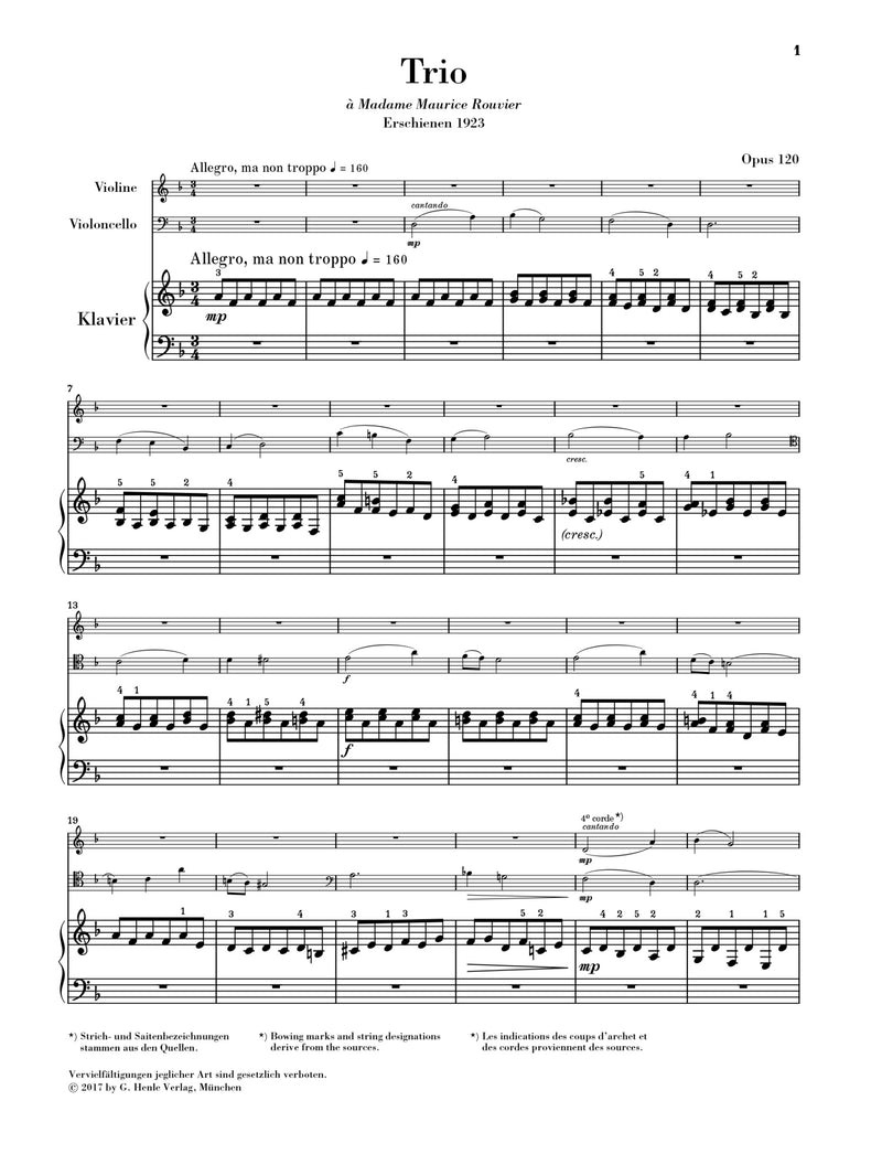 Faure: Piano Trio in D Minor Op 120, Set of Parts