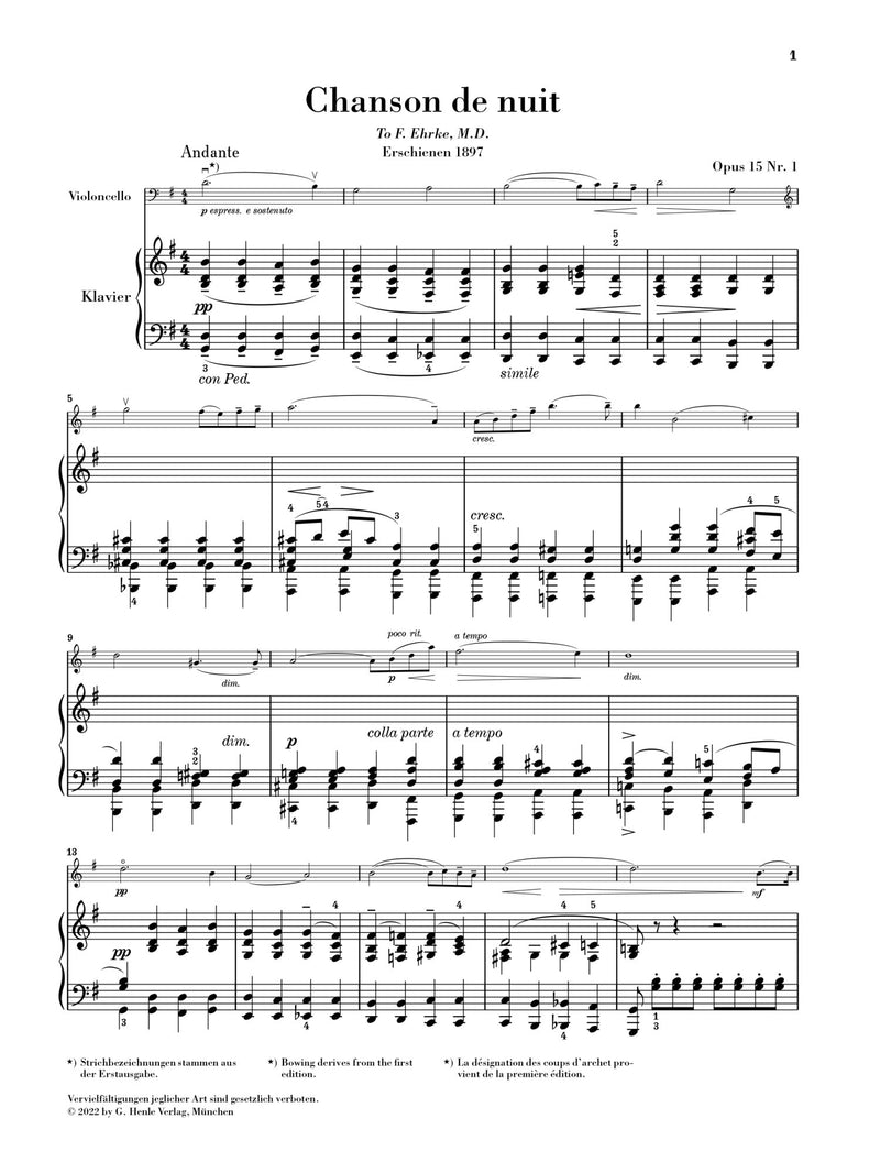 Elgar: Chanson de nuit, Chanson de matin op. 15 for Cello & Piano