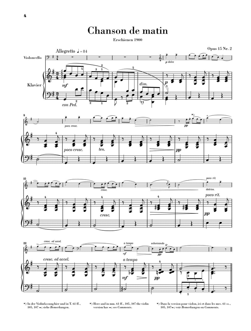 Elgar: Chanson de nuit, Chanson de matin op. 15 for Cello & Piano