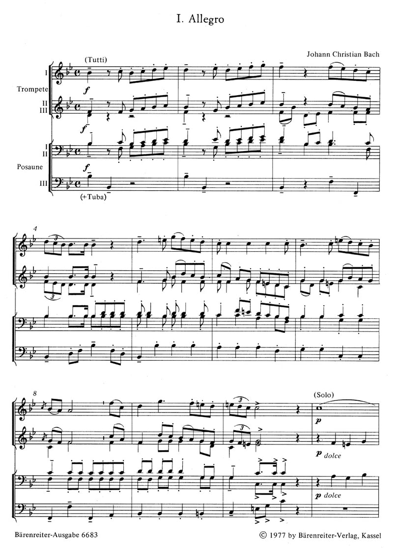 J.C Bach: Sinfonie for Brass Ensemble (Playing Score)
