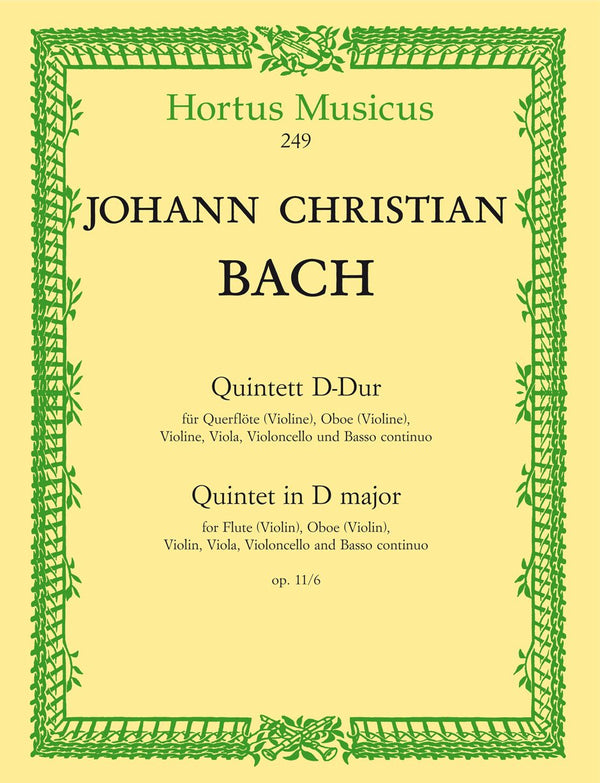 J.C Bach: Quintet in D Op 11 No 6 for Flute, Violin, Oboe, Violin, Violin, Viola, Basso continuo (Piano, Harpsichord)
