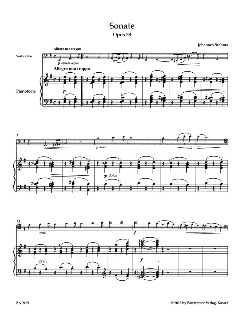 Brahms: Cello Sonata in E Minor Op 38 for Cello & Piano